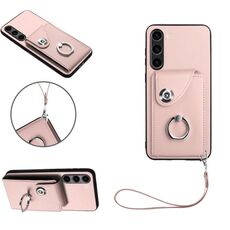 Per Samsung Galaxy S23+ 5G Custodia per telefono in PU con supporto per anello per carte d'organo con cordino (rosa)