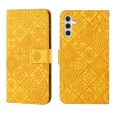 Custodia per telefono in pelle con motivo in rilievo stile etnico per Samsung Galaxy S24 5G (giallo)