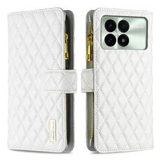 Per Xiaomi Redmi K70E Custodia a portafoglio in pelle con cerniera a reticolo di diamanti (bianca)