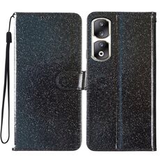 Custodia per telefono in pelle con vibrazione in polvere glitterata per Honor 90 Pro (nera)