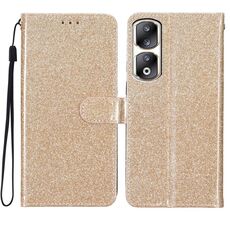 Custodia per telefono in pelle con vibrazione in polvere glitterata per Honor 90 Pro (oro)