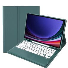 Per Samsung Galaxy Tab S9 FE+ A810B Custodia per tablet in pelle con tastiera Bluetooth rimovibile con slot per penna (verde scuro)