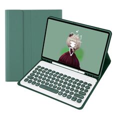 Per Samsung Galaxy Tab S9 FE Custodia in pelle con tastiera Bluetooth e copritasto rotondo in TPU color caramello con slot per penna (verde scuro)