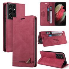 Per Samsung Galaxy S21 Ultra 5G Skin Feel Custodia antifurto in pelle con vibrazione orizzontale con supporto (vino rosso)