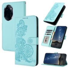 Custodia per telefono in pelle con vibrazione in rilievo fiore Datura per Honor 100 Pro (azzurro)