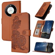 Custodia per telefono in pelle Flip in rilievo con fiori Datura per Honor X50 / X9b (marrone)
