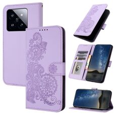 Per Xiaomi 14 Pro Datura Custodia per cellulare in pelle con motivo floreale in rilievo (viola)