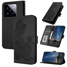 Custodia per telefono in pelle Flip in rilievo con fiori Datura per Xiaomi 14 Pro (nera)