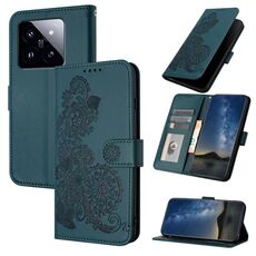 Per Xiaomi 14 Pro Datura Custodia in pelle con motivo floreale in rilievo (verde scuro)