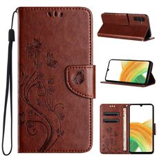 Per Samsung Galaxy S24+ 5G Custodia per cellulare in pelle con motivo floreale a farfalla (marrone)