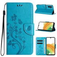Per Samsung Galaxy S24+ 5G Custodia per cellulare in pelle con motivo floreale a farfalla (blu)