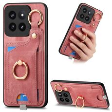 Per Xiaomi 14 Pro Custodia per telefono con sacchetto per carte ad anello retro skin-feel con anello per appendere (rosa)
