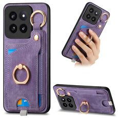 Per Xiaomi 14 Pro Custodia per telefono con sacchetto per carte ad anello retrò con sensazione di pelle e anello per appendere (viola)