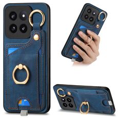 Per Xiaomi 14 Pro Custodia per telefono con sacchetto per carte ad anello retro skin-feel con anello per appendere (blu)