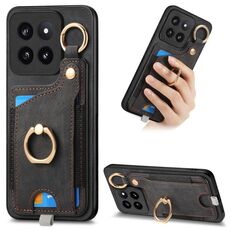 Per Xiaomi 14 Pro Custodia per telefono con sacchetto per carte ad anello retro skin-feel con anello per appendere (nero)