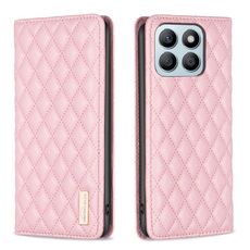 Custodia per telefono con vibrazione magnetica in pelle con reticolo di diamanti per Honor X8b (rosa)