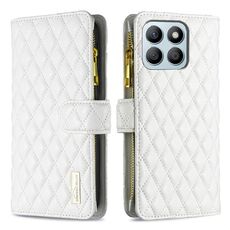 Custodia per cellulare in pelle con portafoglio con cerniera a reticolo di diamanti per Honor X8b (bianca)