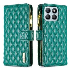 Custodia per cellulare in pelle con portafoglio con cerniera a reticolo di diamanti per Honor X8b (verde)