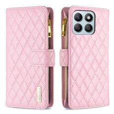 Custodia per cellulare in pelle con portafoglio con cerniera a reticolo di diamanti per Honor X8b (rosa)