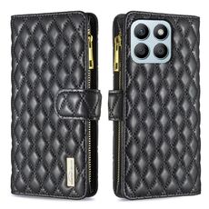 Custodia per cellulare in pelle con portafoglio con cerniera a reticolo di diamanti per Honor X8b (nera)