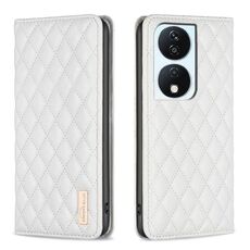 Custodia per cellulare in pelle magnetica con reticolo di diamanti per Honor X7b (bianca)