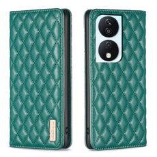 Custodia per telefono con vibrazione magnetica in pelle con reticolo di diamanti per Honor X7b (verde)