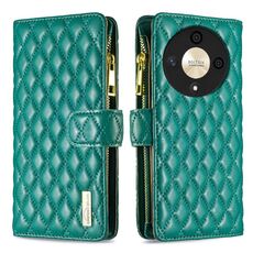 Per Honor X9b/Magic6 Lite 5G Custodia a portafoglio in pelle con cerniera a reticolo di diamanti (verde)