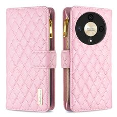Per Honor X9b/Magic6 Lite 5G Custodia a portafoglio in pelle con cerniera a reticolo di diamanti (rosa)