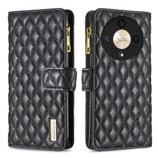 Per Honor X9b/Magic6 Lite 5G Custodia a portafoglio in pelle con cerniera a reticolo di diamanti (Nero)