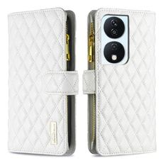 Custodia per cellulare in pelle con portafoglio con cerniera a reticolo di diamanti per Honor X7b (bianca)