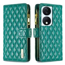 Custodia per cellulare in pelle con portafoglio con cerniera a reticolo di diamanti per Honor X7b (verde)