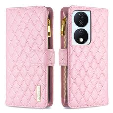 Custodia per cellulare in pelle con portafoglio con cerniera a reticolo di diamanti per Honor X7b (rosa)