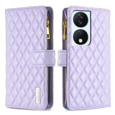 Custodia per cellulare in pelle con portafoglio con cerniera a reticolo di diamanti per Honor X7b (viola)