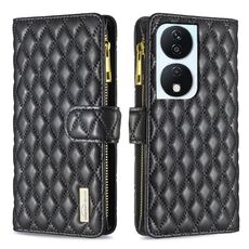 Custodia per cellulare in pelle con portafoglio con cerniera a reticolo di diamanti per Honor X7b (nera)