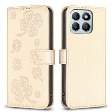 Custodia per telefono in pelle goffrata a quattro foglie per Honor X8b (oro)