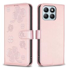 Custodia per telefono in pelle goffrata a quattro foglie per Honor X8b (rosa)