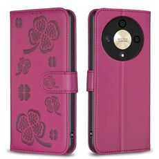 Custodia per telefono in pelle goffrata a quattro foglie per Honor X9b/Magic6 Lite 5G (rosa rossa)