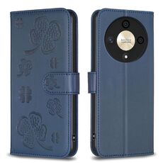 Custodia per telefono in pelle goffrata a quattro foglie per Honor X9b/Magic6 Lite 5G (blu)