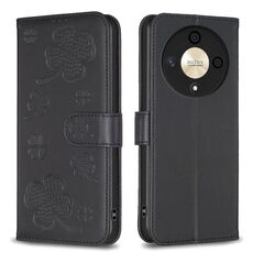 Custodia per telefono in pelle goffrata a quattro foglie per Honor X9b/Magic6 Lite 5G (nera)