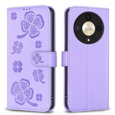 Custodia per telefono in pelle goffrata a quattro foglie per Honor X9b/Magic6 Lite 5G (viola)