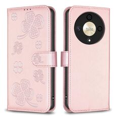 Custodia per telefono in pelle goffrata a quattro foglie per Honor X9b/Magic6 Lite 5G (rosa)