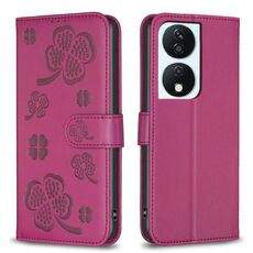 Custodia per telefono in pelle goffrata a quattro foglie per Honor X7b (rosa rossa)