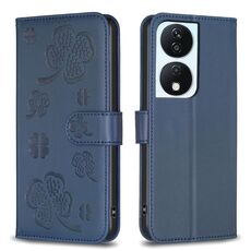 Custodia per telefono in pelle goffrata a quattro foglie per Honor X7b (blu)