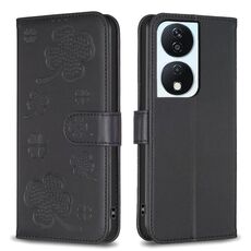 Custodia per telefono in pelle goffrata a quattro foglie per Honor X7b (nera)