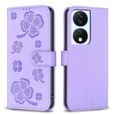 Custodia per telefono in pelle goffrata a quattro foglie per Honor X7b (viola)