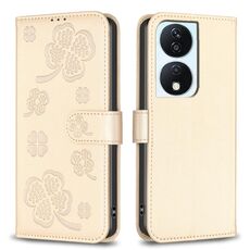 Custodia per telefono in pelle goffrata a quattro foglie per Honor X7b (oro)