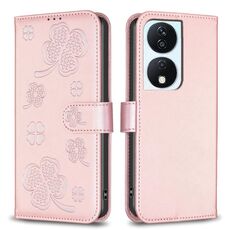 Custodia per telefono in pelle goffrata a quattro foglie per Honor X7b (rosa)