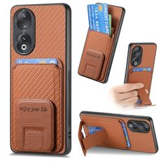 Per Honor 90 Custodia per telefono con supporto pieghevole per carta in fibra di carbonio (marrone)