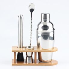 Set di miscelatori 4 in 1 in acciaio inossidabile da 350 ml con strumenti per agitare il supporto in bambù