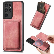 Custodia magnetica per cellulare retrò in pelle per Samsung Galaxy S21 Ultra 5G (rosa)